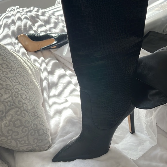 New Jimmy Choo Blue Mavis 100 Navy Croc Embossed Leather Knee High Boots - Picture 3 of 8